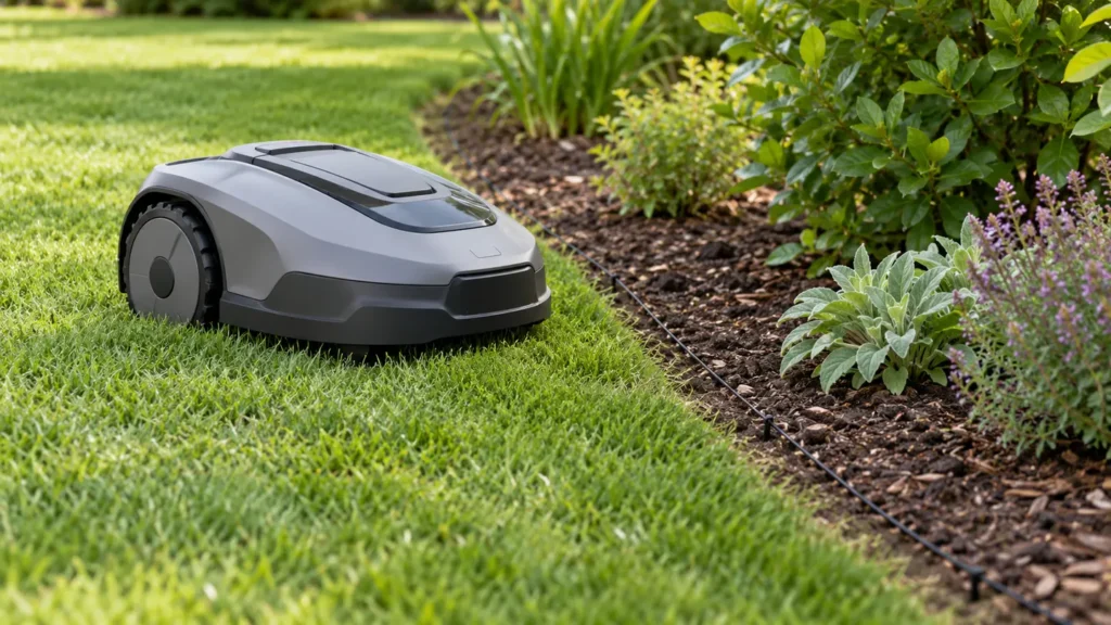 Unbranded robot lawn mower beside a lawn boundary wire