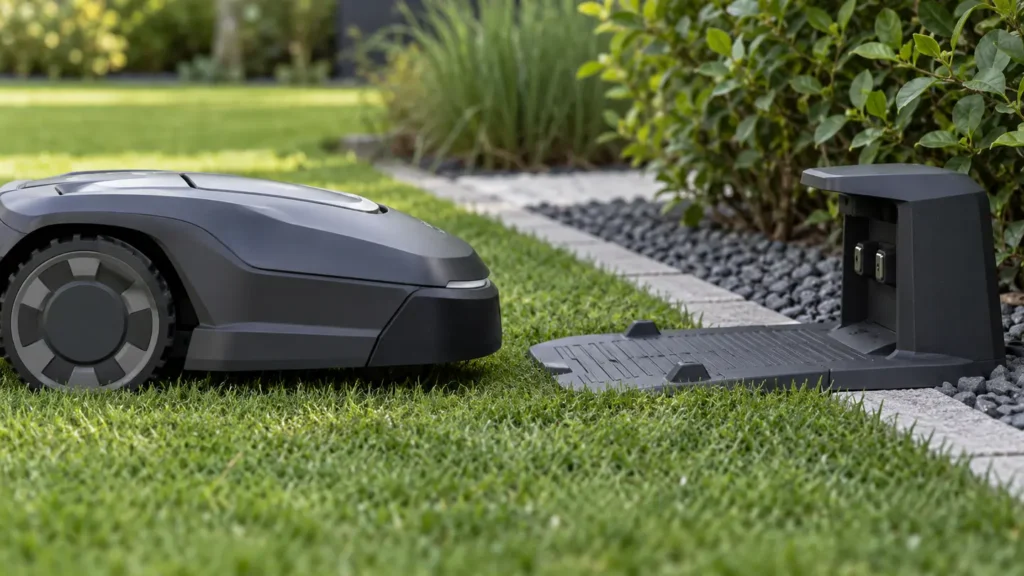 Unbranded robot lawn mower approaching a charging station