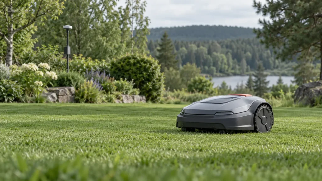 Unbranded robot lawn mower on an open lawn near a positioning antenna